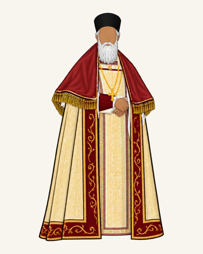 A cor-episcopa in crimson cape and vestments