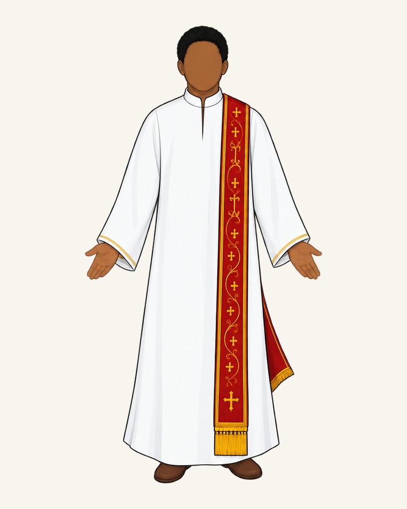 A deacon in white tunic and embroidered stole