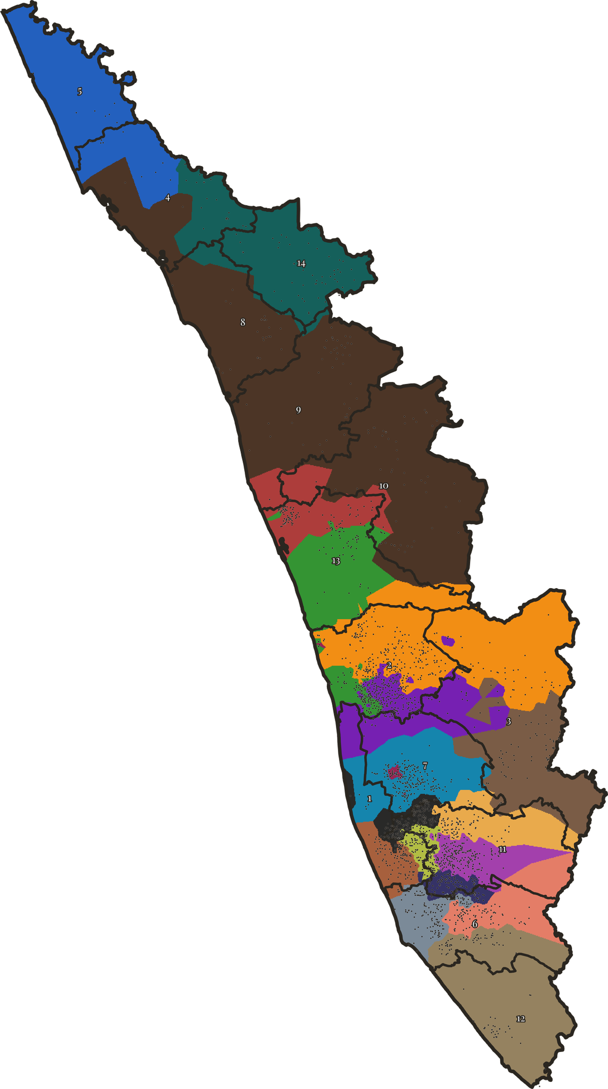 Map of Kerala's fourteen districts, coloured by the Malankara Orthodox diocese that covers each