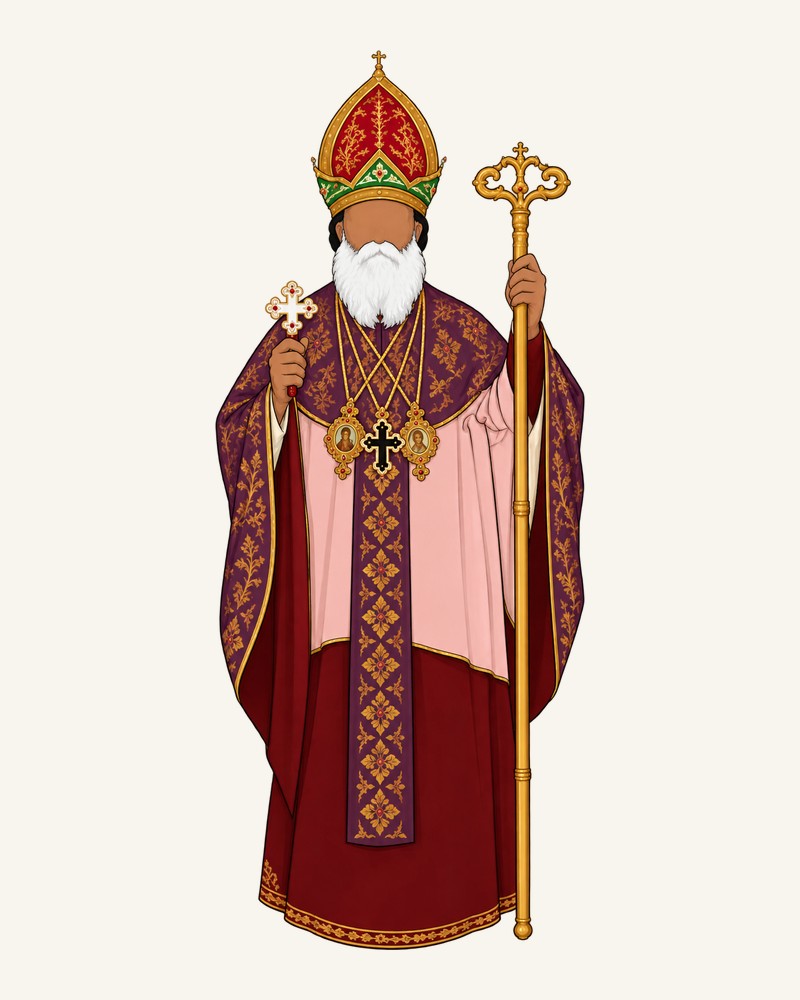 The Malankara Metropolitan in mitre and vestments, holding a cross and pastoral staff