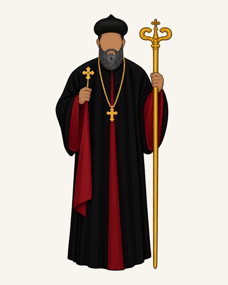 A metropolitan in black cope with pastoral staff