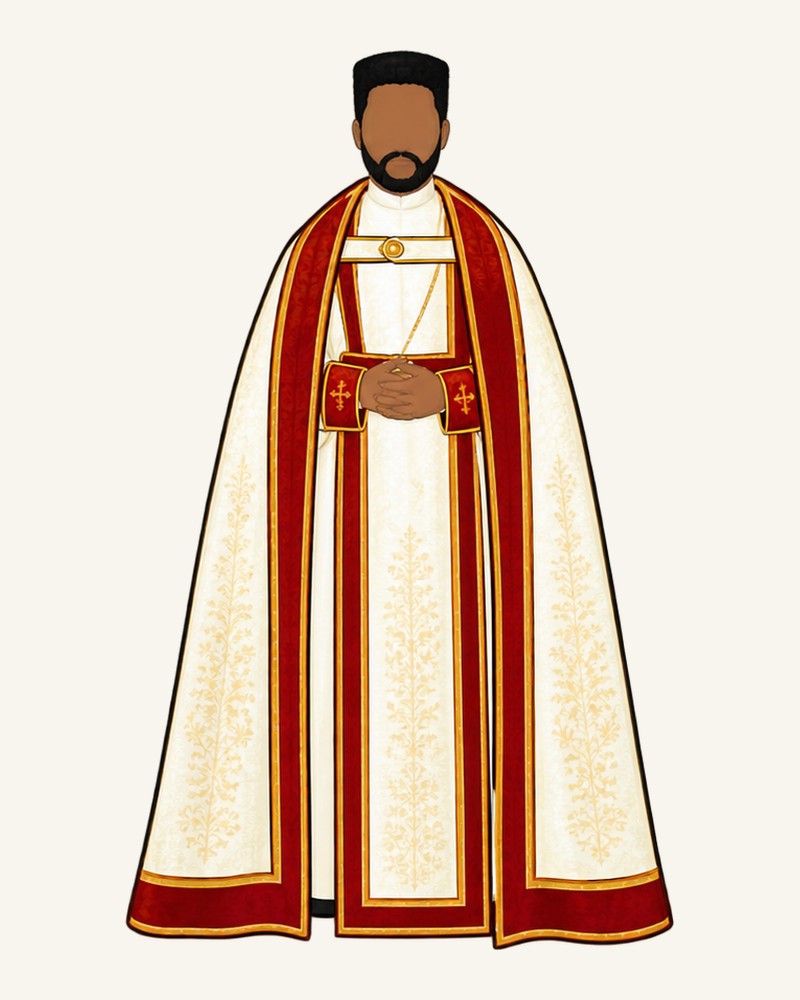 A priest in white and crimson vestments